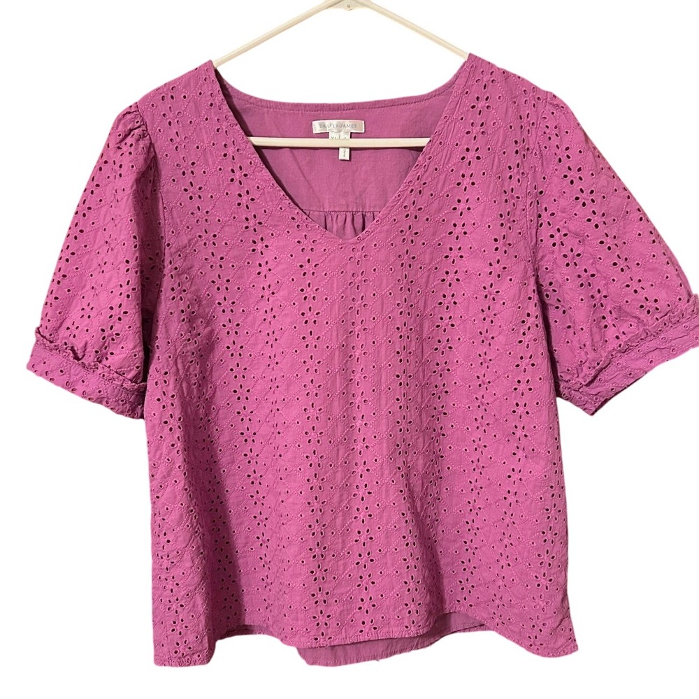Draper James Purple Eyelet V-Neck Puff Sleeve Cotton Blouse XL Cottage Romantic